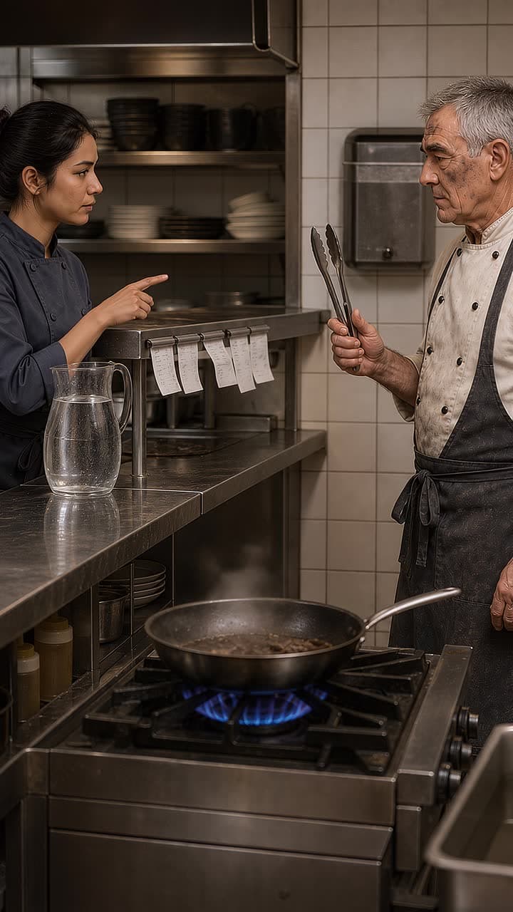 A pan goes up in a kitchen